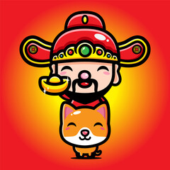 cute god of wealth / cai shen cartoon character riding a dog