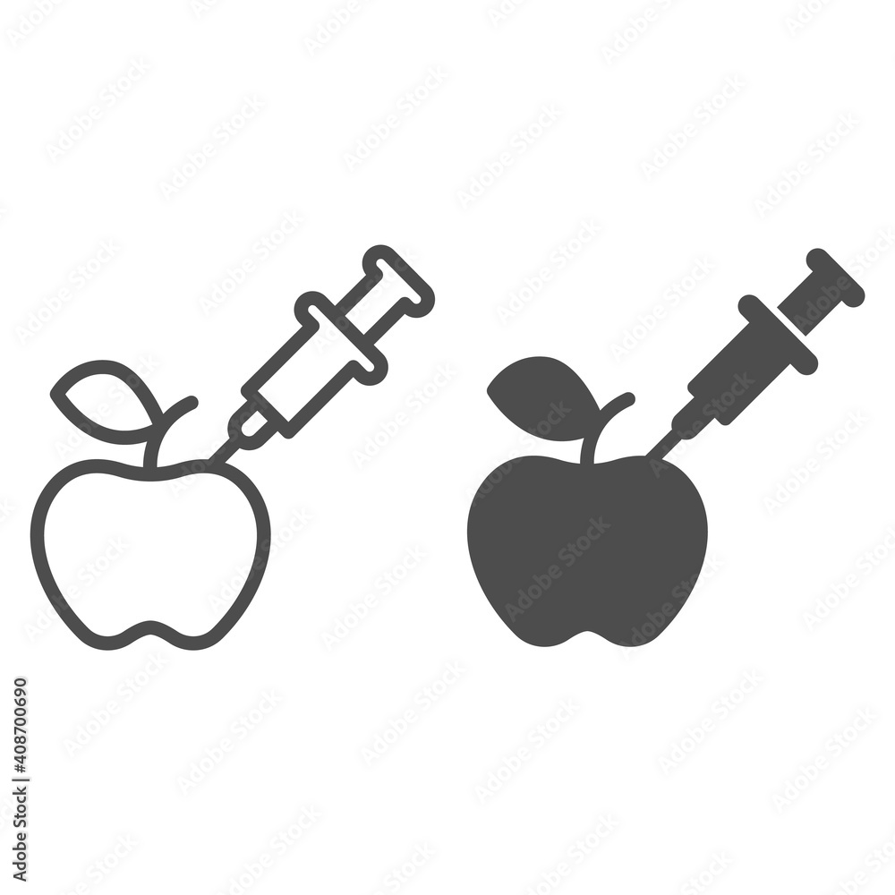 Aufkleber apple and syringe line and solid icon, injections concept, gmo injection sign on white background, s