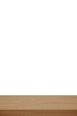 Empty vertical wooden table top, desk isolated on white background, Wood table surface for product display background, White counter, shelf  for food display banner, backdrop