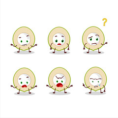 Fototapeta premium Cartoon character of slice of green coconut with what expression