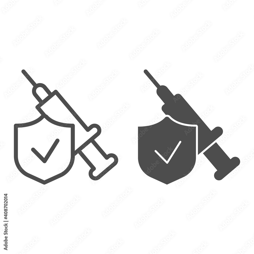 Poster syringe injection with shield line and solid icon, injections concept, emblem checked and syringe si