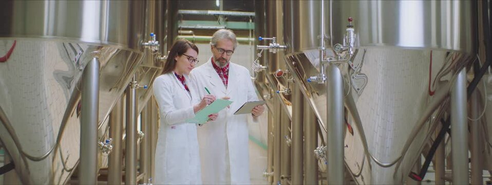 Two laborant workers taking notes and making sure everyting is okay with brewing process. Brewery, factory concept.