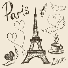 Drawing Paris set of elf tower, coffee, hearts