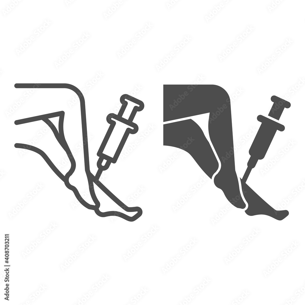 Aufkleber legs and syringe line and solid icon, injections concept, leg injection sign on white background, ap