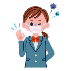 マスクをつけてOKポーズをしている女子高校生のイラスト素材