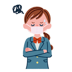 マスクをつけて悩んでいる女子高校生のイラスト素材