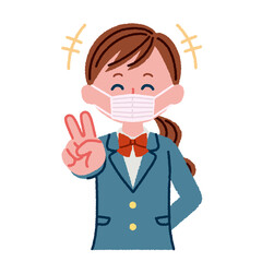 マスクをつけてピースサインをしている女子高校生のイラスト素材