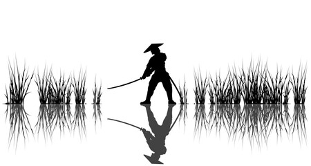  Illustration with samurai, oriental style, solid colors. Vector graphics.