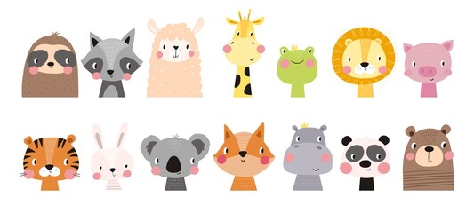 Cute vector print in scandinavian style.
Hand drawn vector illustration for posters, cards, t-shirts. Monochrome sloth, hippo, fox, penguin, deer, tiger, bunny, panda, giraffe, bear