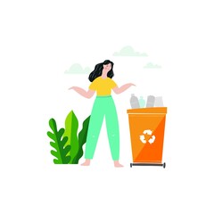 Fototapeta na wymiar Vector cartoon people in modern style. Vector illustration waste recycling concept. Gathering, sorting and transportation of plastic. People throw garbage in the tank in nature