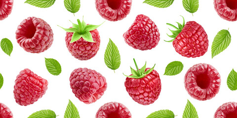 Raspberry with leaves isolated on white background