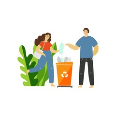 Vector cartoon people in modern style. Vector illustration waste recycling concept. Gathering, sorting and transportation of plastic. People throw garbage in the tank in nature