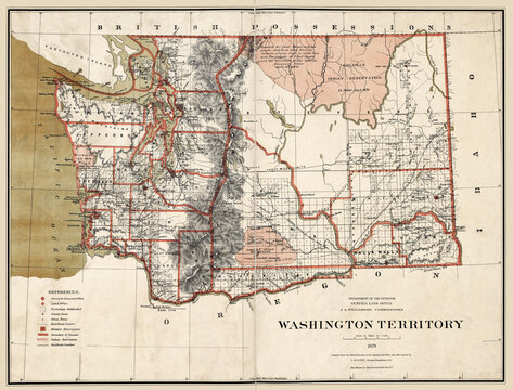 Washington Territory Map 1879.  Enhanced, restored reproduction of an old map dated 1879. Shows the counties of the Washington Territory, and the Quinault, Yakima, and Colville Indian Reserervation. 