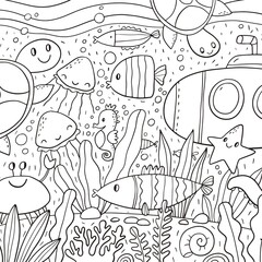 Obraz premium Big under water coloring page. Sea life coloring book with fish, octopus, crab, seahorse, turtle, shells