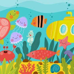 Naklejka na ściany i meble Cute cartoon vector illustration - Sea life. Exploring the underwater world for children. Underwater world. Scientific illustration for children.