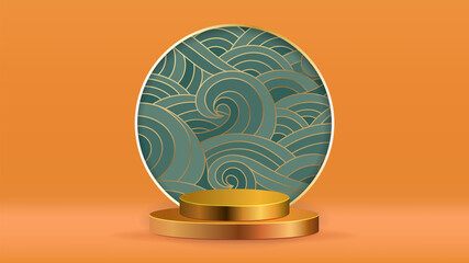 Luxury gold oriental art design with 3d cylinder podium background vector. Abstract minimal scene with gold botanical pattern for cosmetic product display, Stage pedestal for online shopping ad.