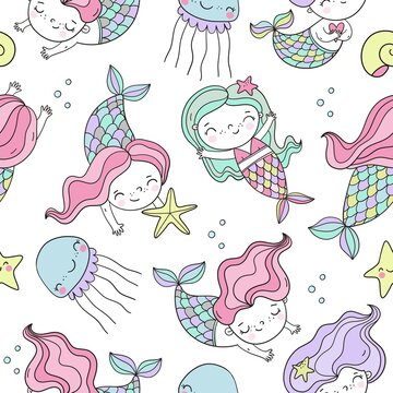 Cute cartoon little mermaid coloring page. Cool hand drawn vector seamless pattern with mermaid under water in the sea