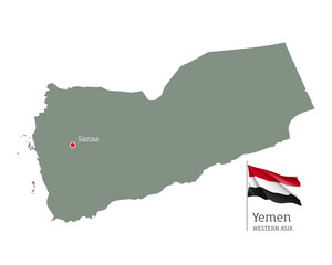Silhouette of Yemen country map. Highly detailed editable map of Yemen with national flag and Sanaa capital, Western Asia country territory borders vector illustration on white background