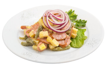 Light and tender traditional salad for the New Year on a white plate. Restaurant service concept. Olivier salad isolated.