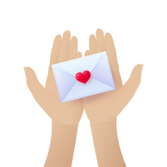 Female hands holding love letter. Romantic love concept. Wedding and Valentines Day symbol. Mail envelope with greeting card realistic vector illustration isolated on white background