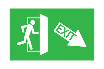 Green fire exit sign. Exit down to the right. A man running out the door. Stock image. EPS 10.