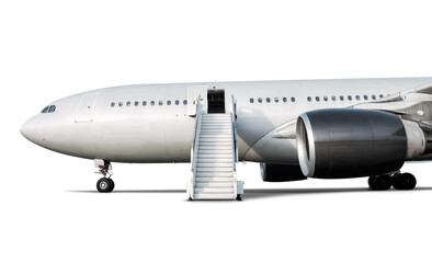 Wide body passenger jet plane with air-stairs at the airport apron isolated on white background