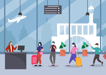 New norma, Vector illustration People in Masks Observe Social Distancing in the Interior Airport, Check-in Line and Queue Travel Flat Design.