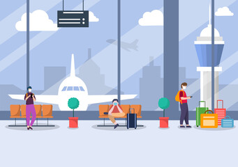 New norma, Vector illustration People in Masks Sitting in Airport Interior Terminal, Business Travel Concept. Flat design.