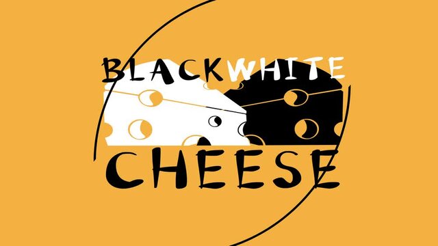 original logo of black and white cheese on white and yellow background. animated