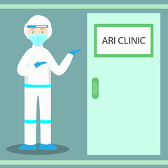 Medical staff in PPE suit introducing ARI Clinic. Acute Respiratory Infection Clinic