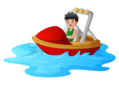 Cartoon boy riding a boat on the sea