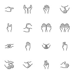 Hand gestures line icons set, outline vector symbol collection, linear style pictogram pack. Signs, logo illustration. Set includes icons as human hands, finger index, arm
