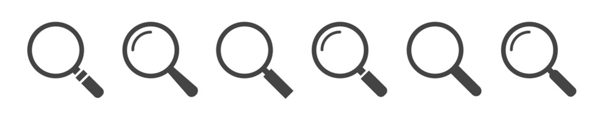 Search icons. Find icons. Magnifying glass icons. Magnifier or loupe sign set. Vector illustration.	