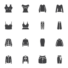 Women clothes vector icons set, modern solid symbol collection, filled style pictogram pack. Signs, logo illustration. Set includes icons as long sleeve blouse, jacket, sweater, denim skirt, shirt