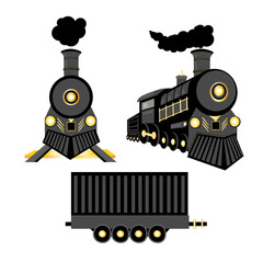Vector retro train. Black locomotive and freight car with gold details isolated on a white background © Yevheniia