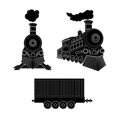 Vector retro train. Black locomotive and freight car isolated on a white background