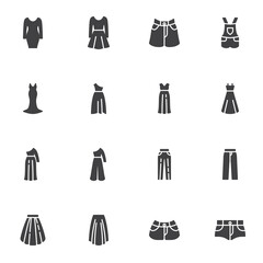 Women clothing vector icons set, modern solid symbol collection, filled style pictogram pack. Signs, logo illustration. Set includes icons as elegant gown dress, skirt, denim overall, trousers, short