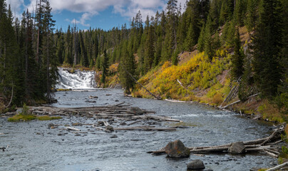 autumn afternoon view of the lewis river and falls in yellowstone national park