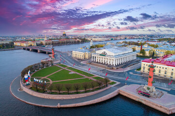 Sights of Saint Petersburg. Summer in Russia. Spit of Vasilyevsky Island. Panorama of Saint Petersburg from a bird's eye view. Panorama of Saint Petersburg from a quadcopter. Rastral Columns