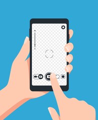 Taking photo with smartphone. Vector photo screen, photograph wth telephone, mobile phone smartphone shoot photo illustration