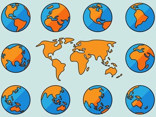 Collection of simplicity freehand world map sketch on globe. Vector illustration.