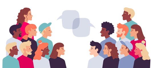 Two grouple of people talking with speech bubbles. Vector communication people speech, conversation man and woman dispute illustration - obrazy, fototapety, plakaty