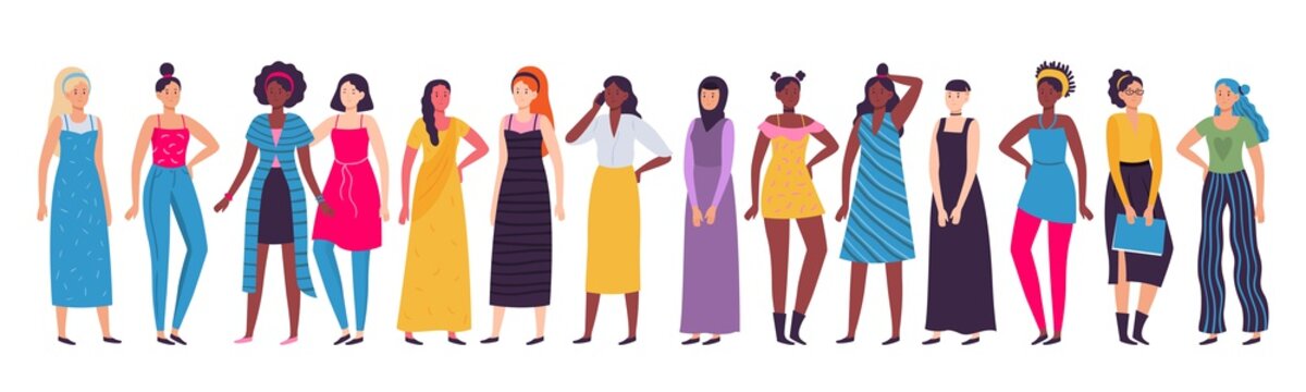 Multiethnic group of women. Vector diverse standing female african and asian, diversity girl international, unity move illustration