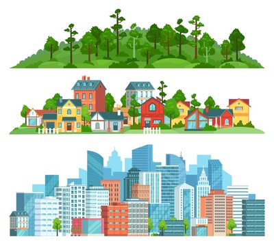 Nature, suburban landscape and cityscape isolated illustration set. Vector cityscape urban town, suburban building and village with green forest