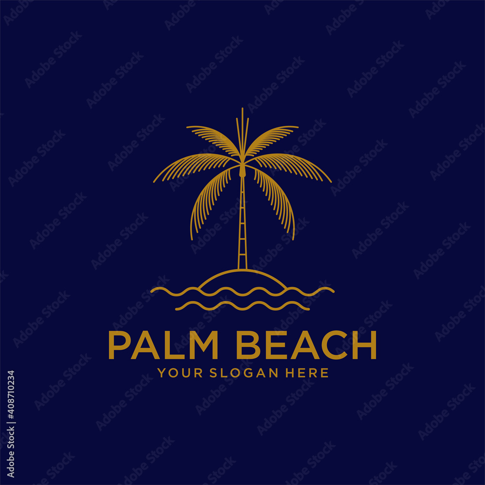 Wall mural palm tree beach line art for hotel restaurant vacation holiday travel logo design