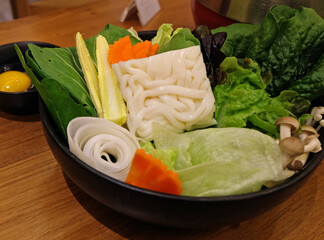 Vegetables, Udon noodle and dipping sauce prapared for Shabu Shabu (Japanese hot pot)