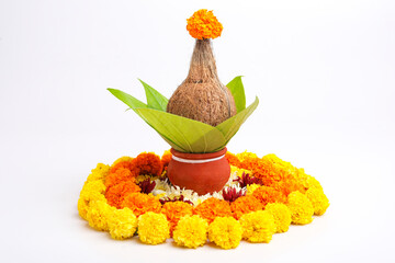 Indian festival akshaya tritiya concept : Decorative coconut with green leaf in clay pot on white background