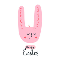 Hand drawn cute bunny with text Happy Easter. Greeting card concept.
