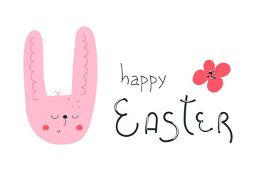 Hand drawn cute bunny head, flower and with text Happy Easter. Greeting card concept.