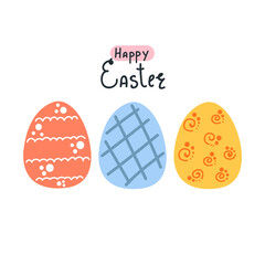 Hand drawn eggs with abstract ornament and text Happy Easter. Flat illustration.